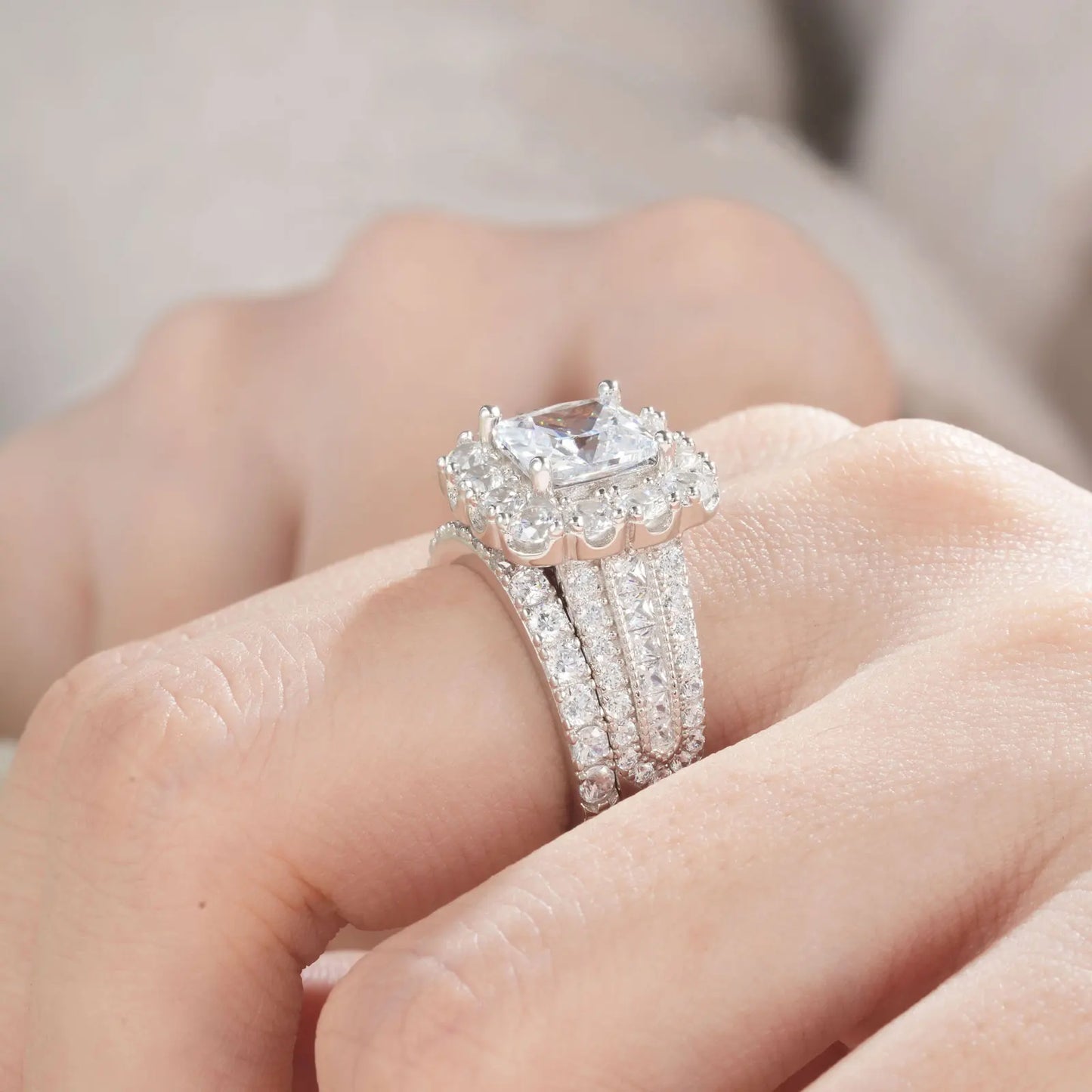 Newshe 2Pcs 925 Silver Halo Princess Cut Cubic Zircon Set