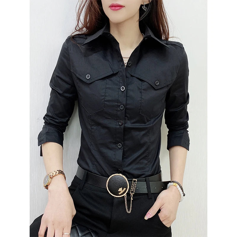Women's European Style Long Sleeve Button Up Blouse With Pockets