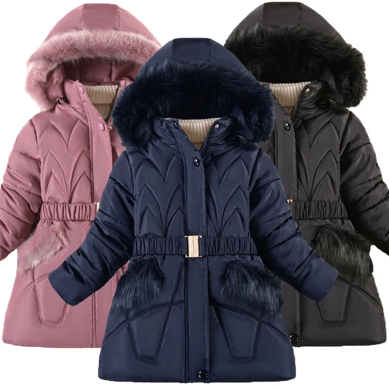 QICAIYAYA Girls Winter Hooded Coat With Detachable Hat And Waist Belt