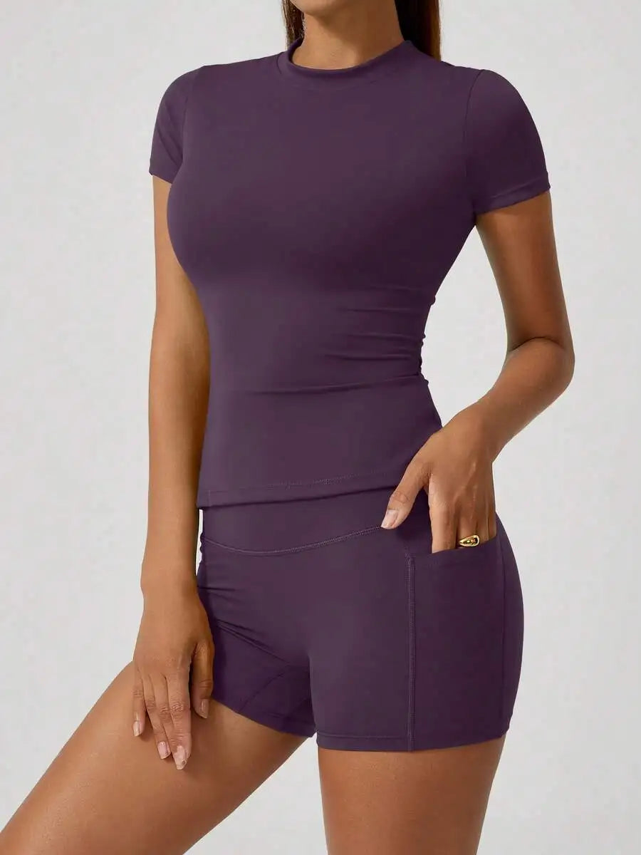 Women's High Waist Tummy Control Short Sleeve Sports Set