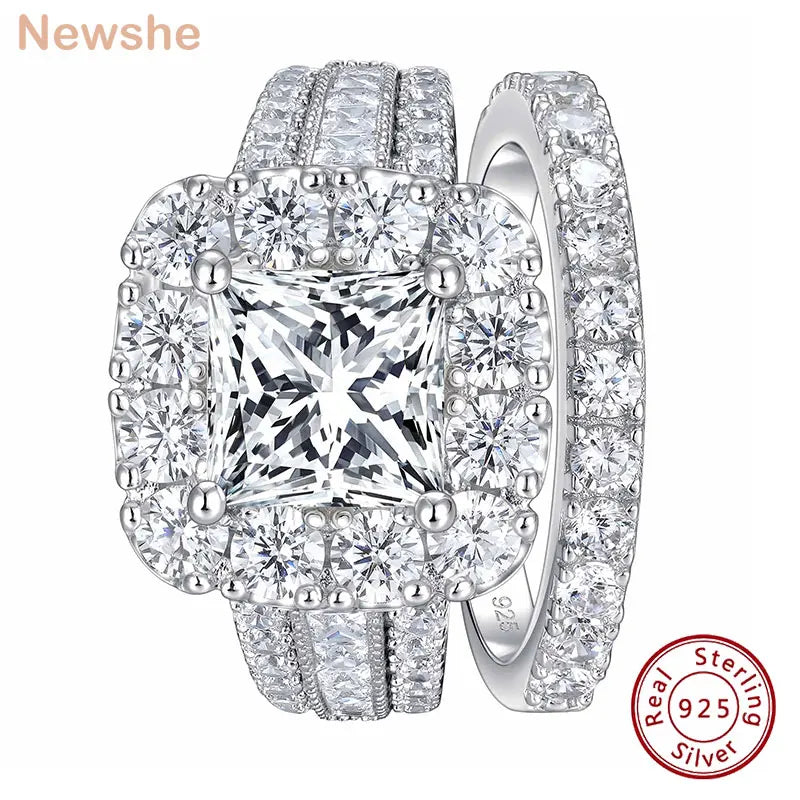 Newshe 2Pcs 925 Silver Halo Princess Cut Ring Set Jewelry