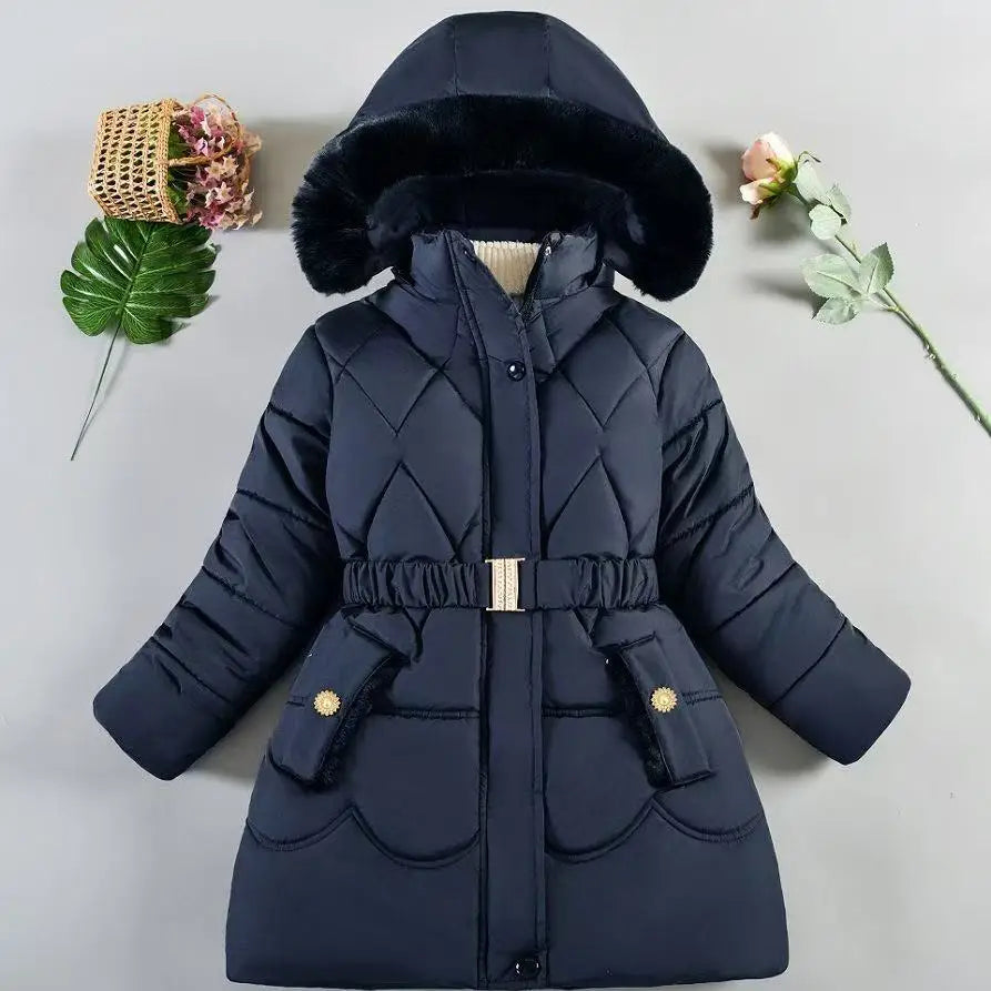 QICAIYAYA Girls Winter Hooded Coat With Detachable Hat And Waist Belt