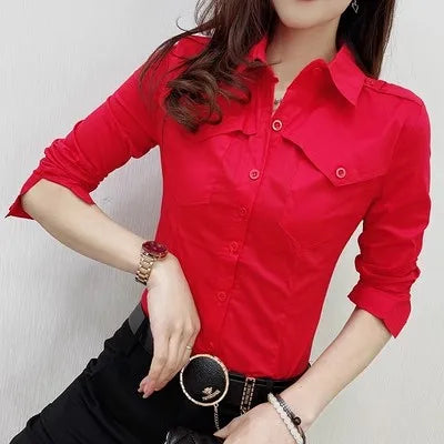 Women's European Style Long Sleeve Button Up Blouse With Pockets
