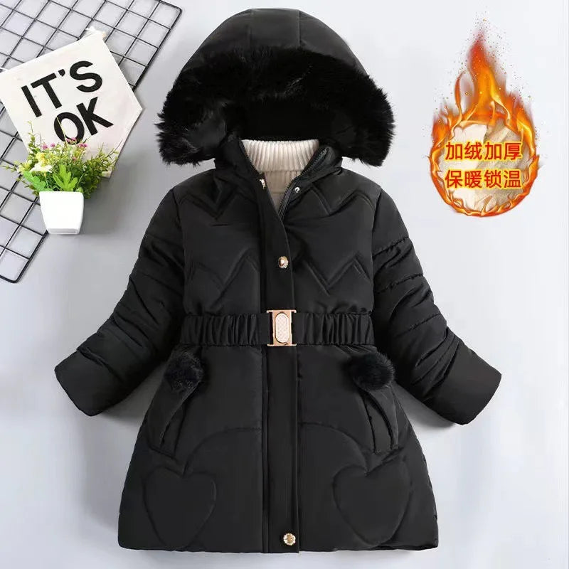 QICAIYAYA Girls Winter Hooded Coat With Detachable Hat And Waist Belt