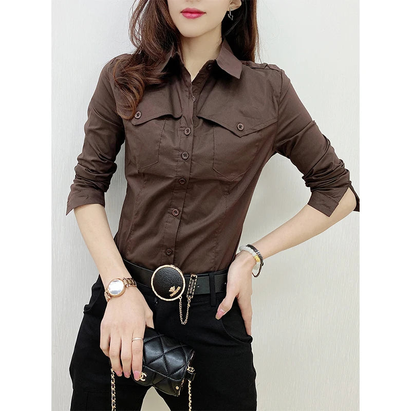 Women's European Style Long Sleeve Button Up Blouse With Pockets