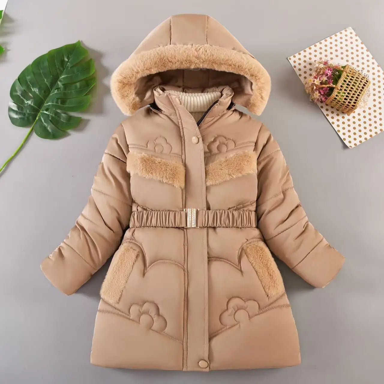 QICAIYAYA Girls Winter Hooded Coat With Detachable Hat And Waist Belt