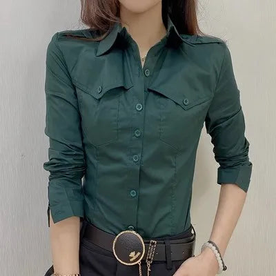 Women's European Style Long Sleeve Button Up Blouse With Pockets