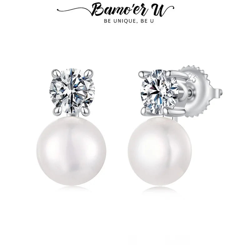 BAMOER U Pearl Moissanite Stud Earrings 925 Sterling Silver