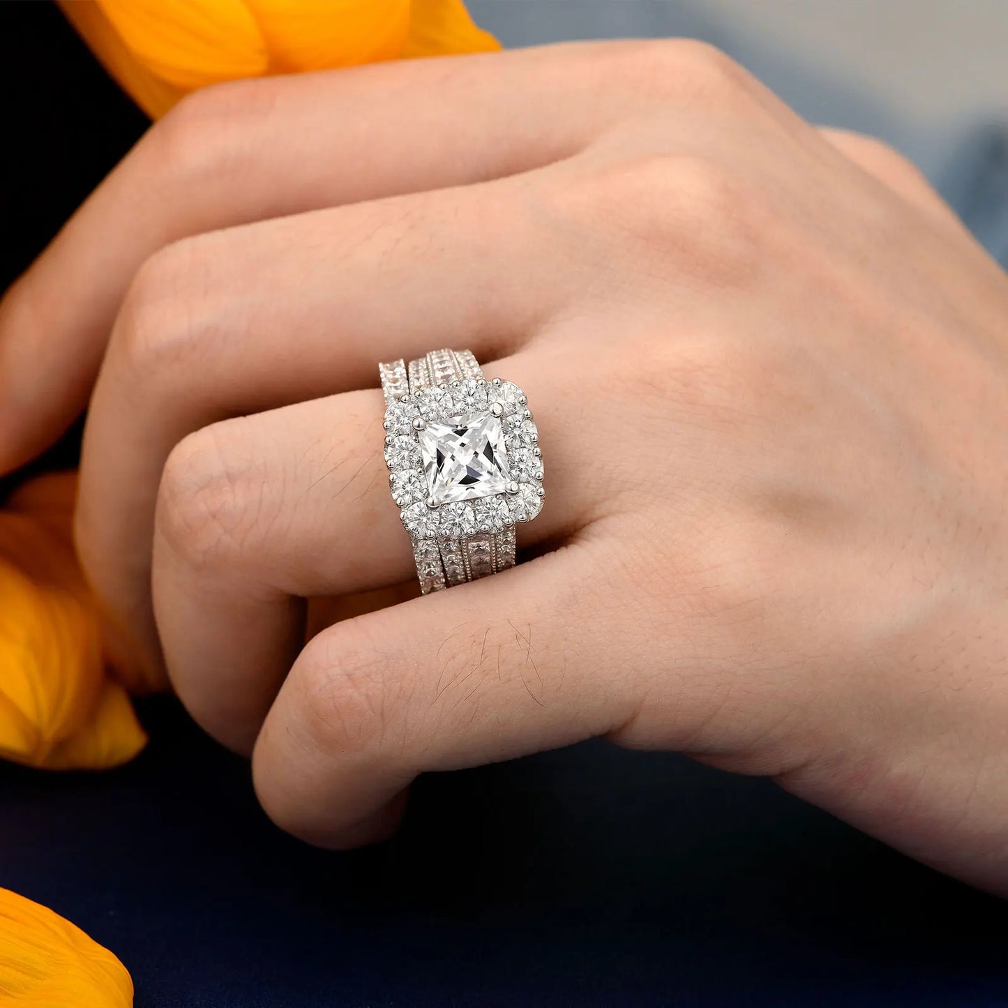 Newshe 2Pcs 925 Silver Halo Princess Cut Cubic Zircon Set