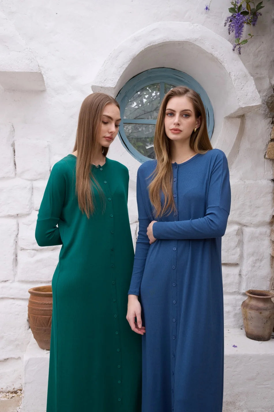 Women Loose Button Dress O Neck Rib Knit Cotton Elastane