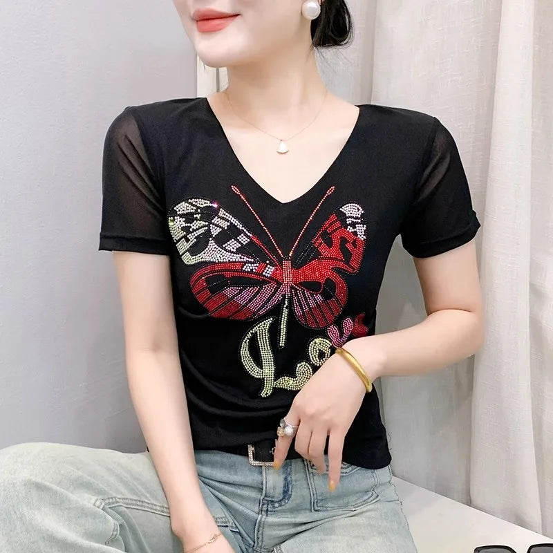 Korean Women Summer Mesh T Shirt Diamonds Butterfly Top