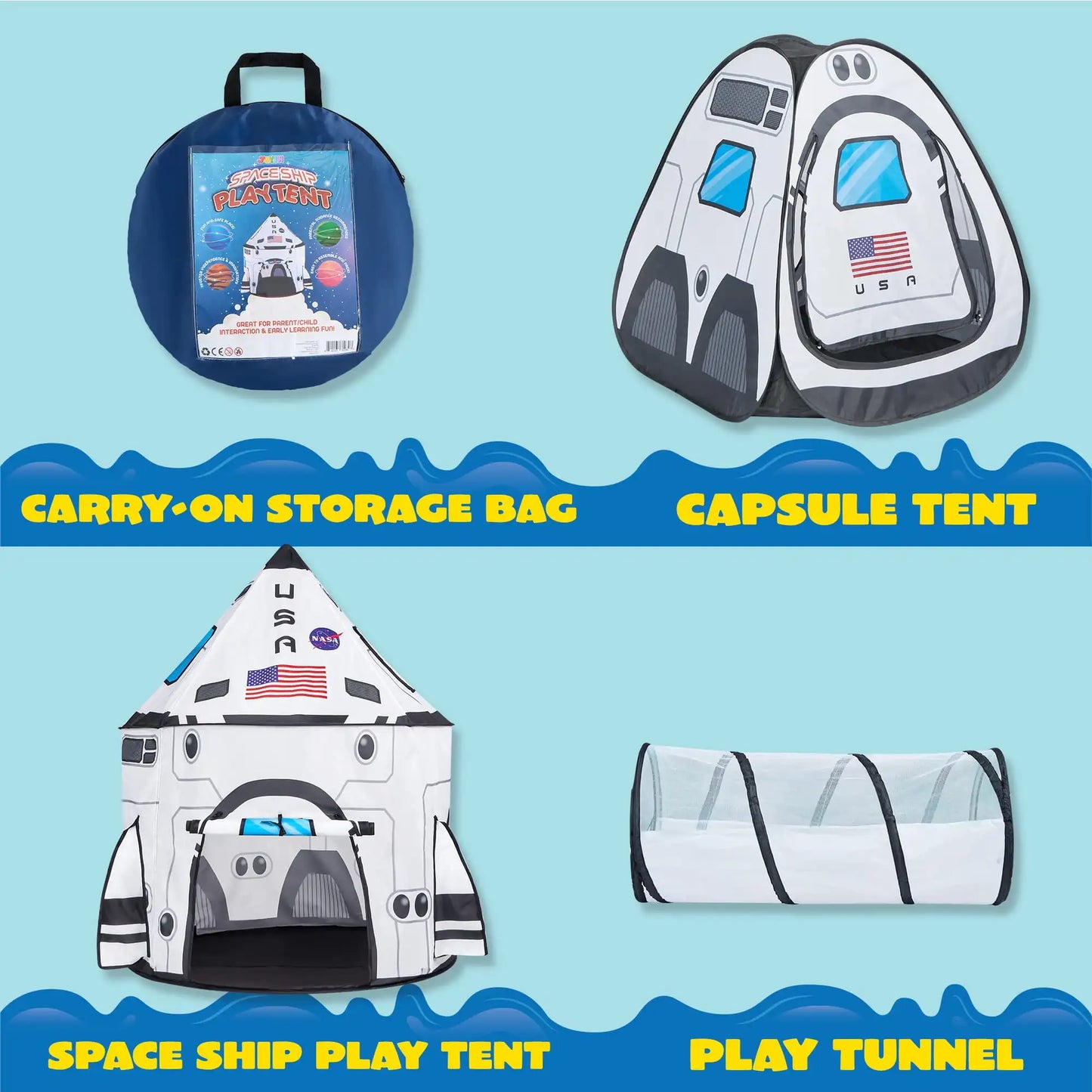 Joyfy Rocket Ship Play Tent Set With Tunnel 3 Piece For Kids