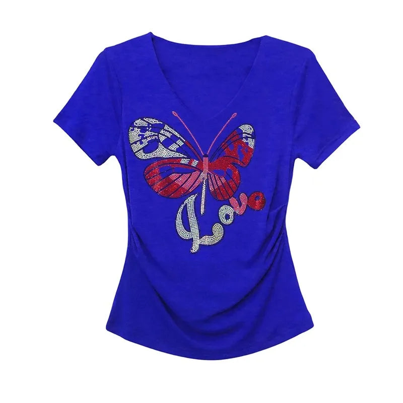 Korean Women Summer Mesh T Shirt Diamonds Butterfly Top