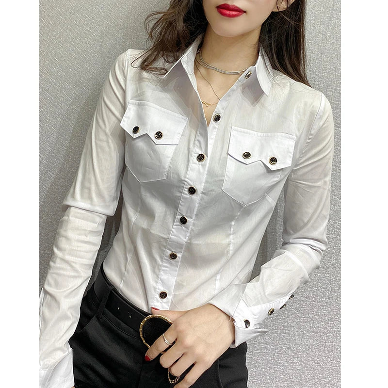 Women Long Sleeve Knit Button Up Blouse With Pockets For Office