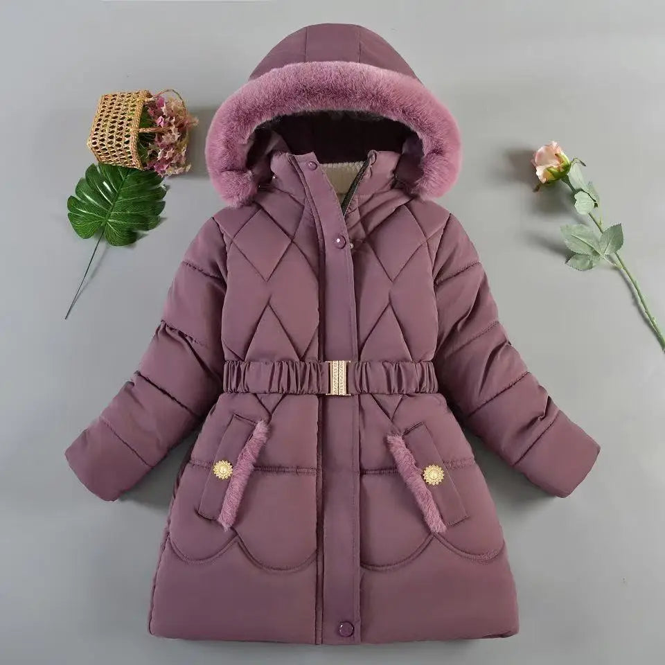 QICAIYAYA Girls Winter Hooded Coat With Detachable Hat And Waist Belt