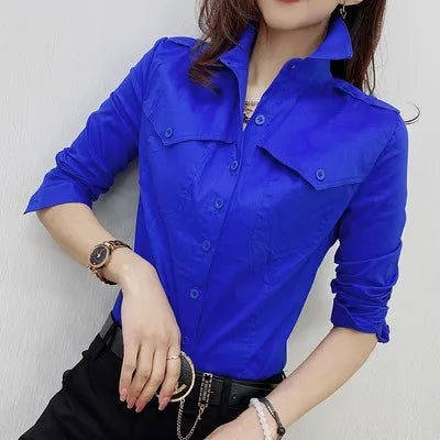 Women's European Style Long Sleeve Button Up Blouse With Pockets