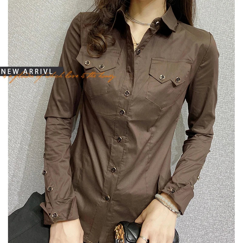 Women Long Sleeve Knit Button Up Blouse With Pockets For Office