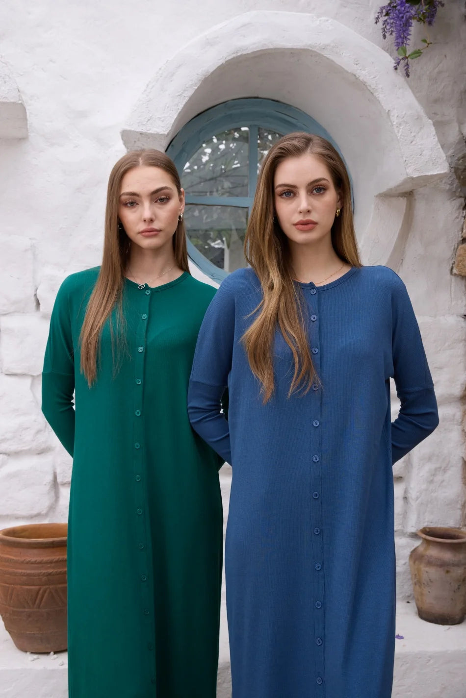 Women Loose Button Dress O Neck Rib Knit Cotton Elastane