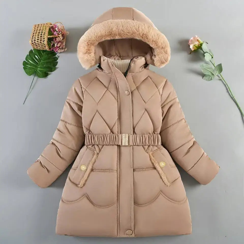 QICAIYAYA Girls Winter Hooded Coat With Detachable Hat And Waist Belt
