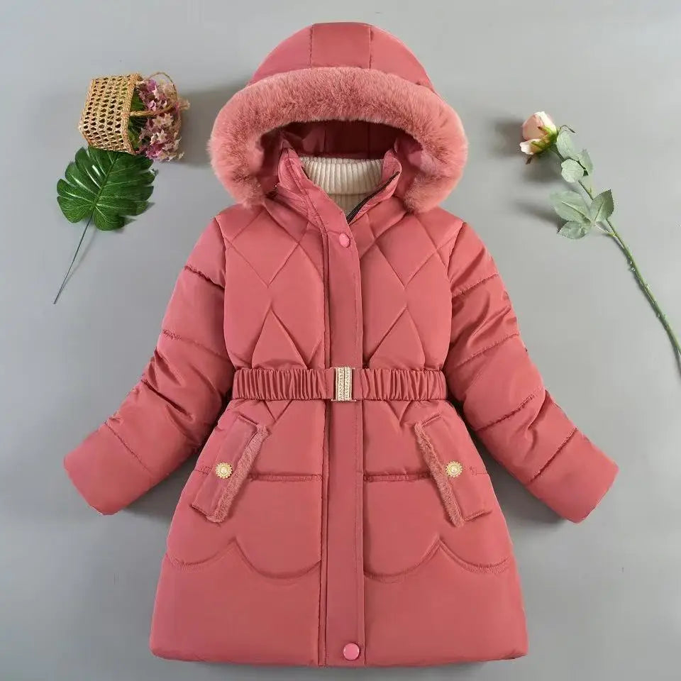 QICAIYAYA Girls Winter Hooded Coat With Detachable Hat And Waist Belt