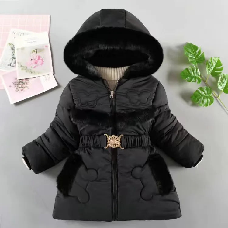 QICAIYAYA Girls Winter Hooded Coat With Detachable Hat And Waist Belt