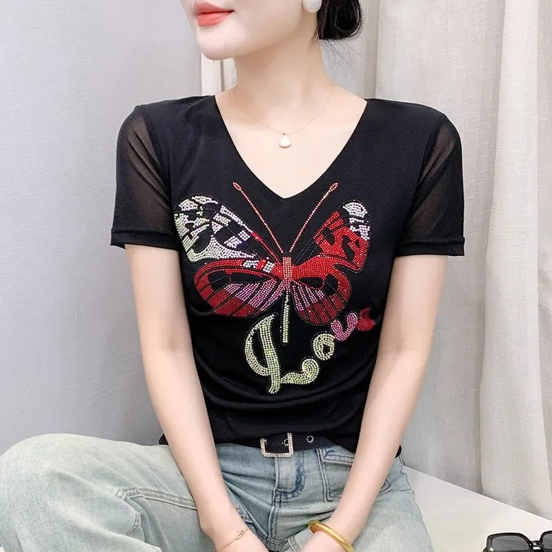 Korean Women Summer Mesh T Shirt Diamonds Butterfly Top